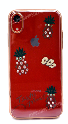 Чехол для iPhone XR пластиковый, Kingxbar, ананасы со стразами, золотой - фото 8459