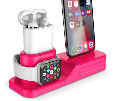 Подставка 3в1 для iPhone, AirPods и Watch силиконовая, NN, розовый - фото 9858